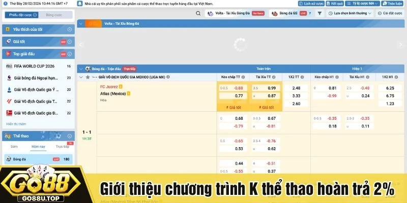 K thể thao hoàn trả 2% giúp tối ưu vốn khi tham gia thể thao Go88