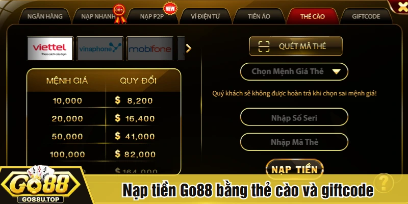Nạp tiền Go88 bằng thẻ cào và giftcode