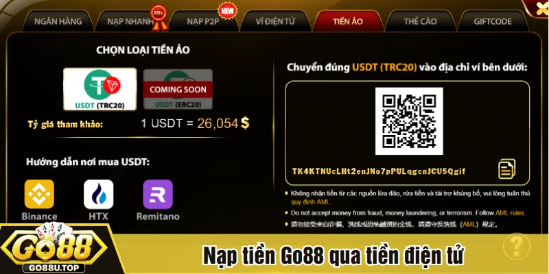 Nạp tiền Go88 qua tiền điện tử